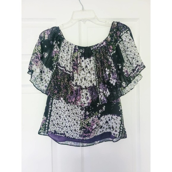W By Worth Pleated Cold Shoulder Floral Blouse 6 - Picture 1 of 7